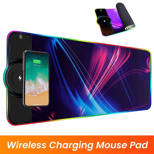 Gamer Mousepad with 15W Wireless Charging, RGB Luminous Desk Mat for Computer Laptop Keyboard, Non-slip Glowing LED Cushion