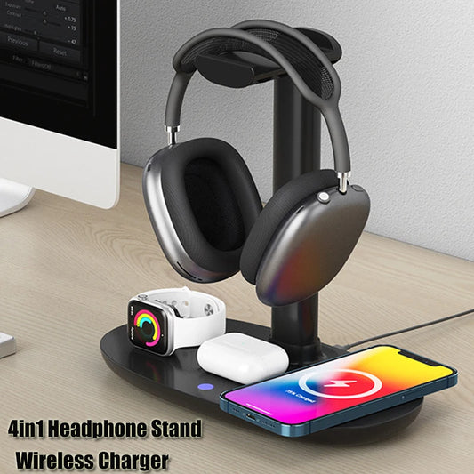 4-in-1 Headphone Stand with Wireless Charger for AirPods Max, iOS Phone, Watch and Bluetooth Headset